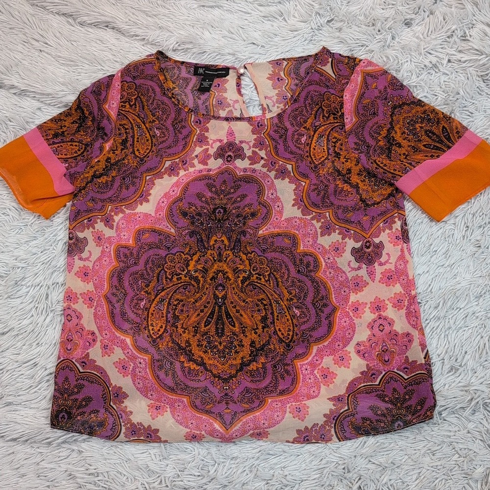 INC Shirt Womens 8 Purple Blouse Paisley Top Sheer Casual Comfort Lightweight